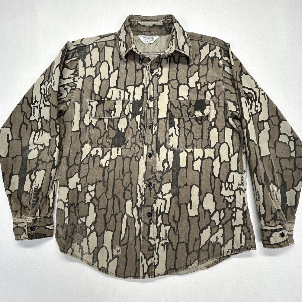 Vtg 80s Five Brother Chamois Shirt Mens Medium Trebark Camo USA Made Flannel